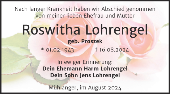 Traueranzeige von Roswitha Lohrengel von Trauerkombi Wittenberg