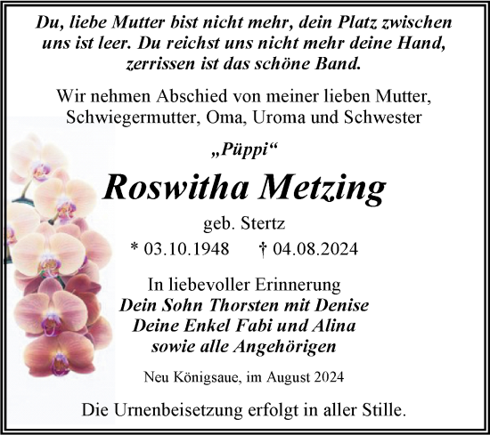 Traueranzeige von Roswitha Metzing von Trauerkombi Aschersleben