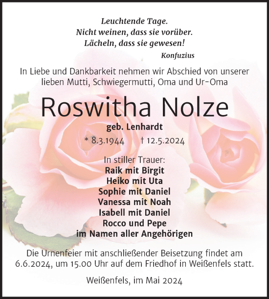 Traueranzeige von Roswitha Nolze von Trauerkombi Weißenfels