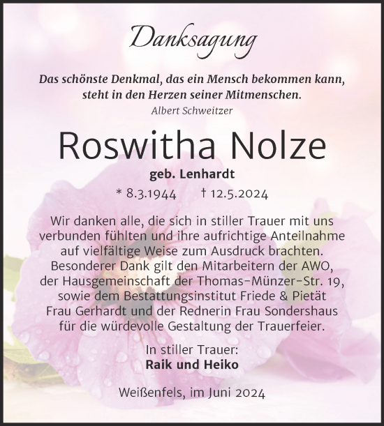 Traueranzeige von Roswitha Nolze von Trauerkombi Weißenfels