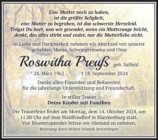 Traueranzeige von Roswitha Preuß von Volksstimme Wernigerode