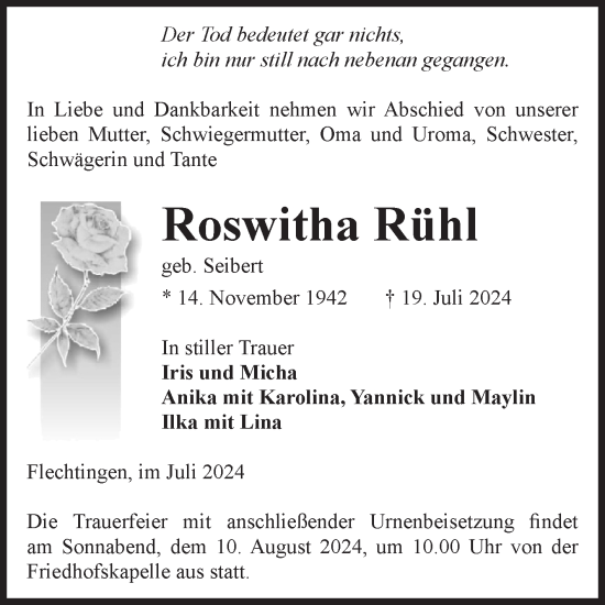 Traueranzeige von Roswitha Rühl von Volksstimme Haldensleben/Wolmirstedt