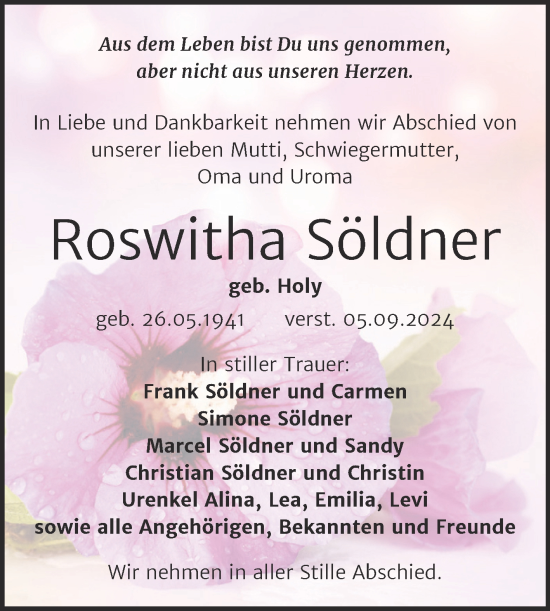 Traueranzeige von Roswitha Söldner von Trauerkombi Weißenfels