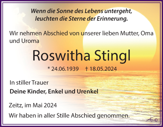 Traueranzeige von Roswitha Stingl von Trauerkombi Zeitz