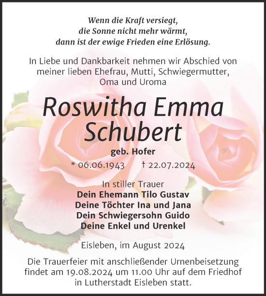 Traueranzeige von Roswitha Emma Schubert von Trauerkombi Mansfelder Land