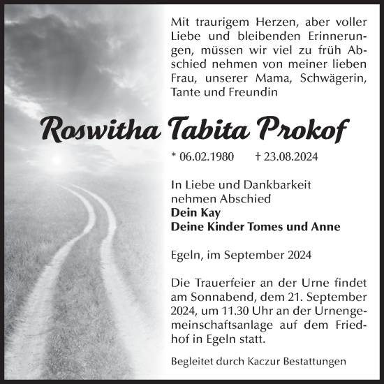 Traueranzeige von Roswitha Tabita Prokof von Volksstimme Staßfurt