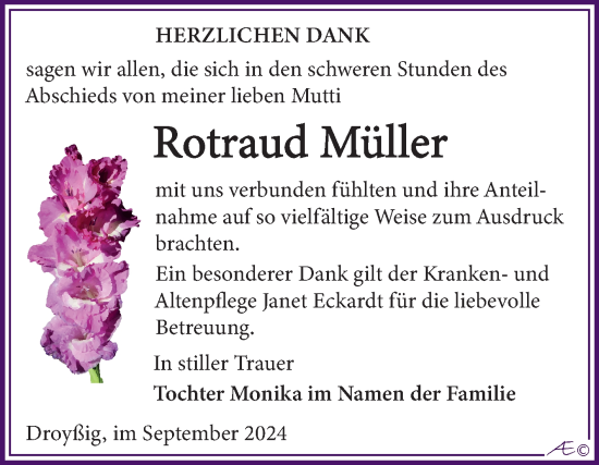 Traueranzeige von Rotraud Müller von Trauerkombi Zeitz