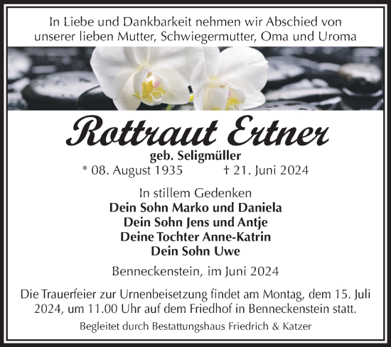 Traueranzeige von Rottraut Ertner von Volksstimme Wernigerode