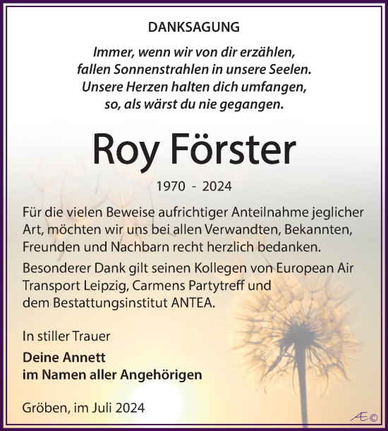 Traueranzeige von Roy Förster von Trauerkombi Weißenfels