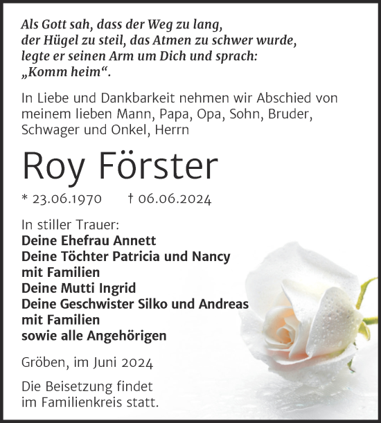 Traueranzeige von Roy Förster von Trauerkombi Weißenfels