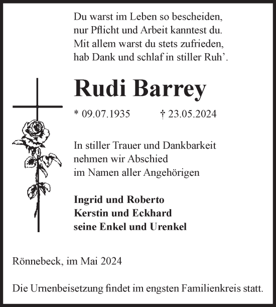 Traueranzeige von Rudi Barrey von Volksstimme Altmark Ost