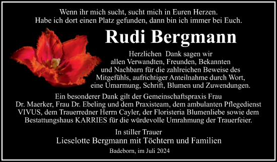 Traueranzeige von Rudi Bergmann von Trauerkombi Quedlinburg