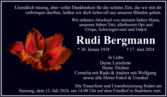 Traueranzeige von Rudi Bergmann von Trauerkombi Quedlinburg