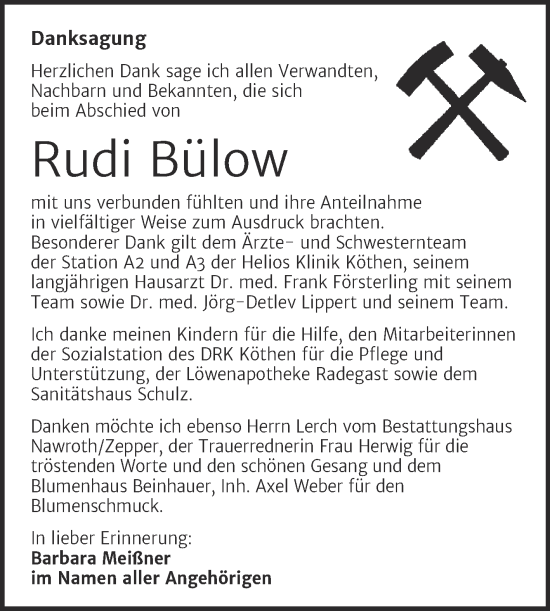 Traueranzeige von Rudi Bülow von Trauerkombi Köthen