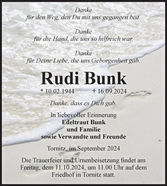 Traueranzeige von Rudi Bunk von Volksstimme Schönebeck
