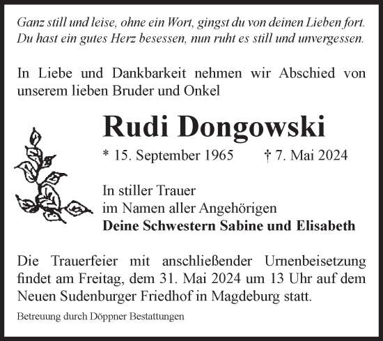 Traueranzeige von Rudi Dongowski von Volksstimme Magdeburg