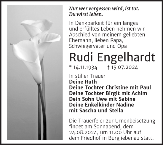 Traueranzeige von Rudi Engelhardt von Trauerkombi Merseburg