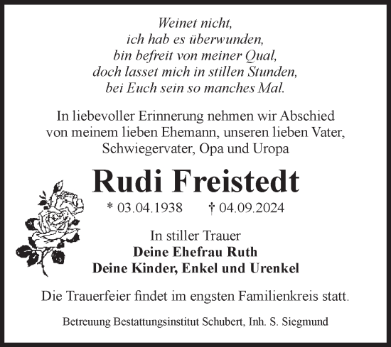 Traueranzeige von Rudi Freistedt von Volksstimme Haldensleben/Wolmirstedt