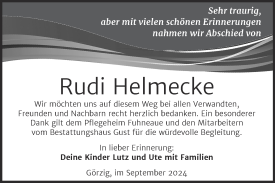 Traueranzeige von Rudi Helmecke von Trauerkombi Köthen