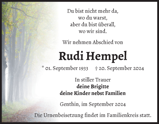 Traueranzeige von Rudi Hempel von Volksstimme Burg/Genthin