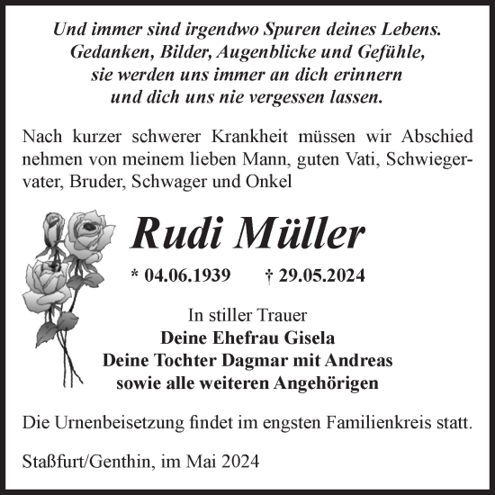 Traueranzeige von Rudi Müller von Volksstimme Burg/Genthin