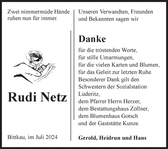Traueranzeige von Rudi Netz von Volksstimme Altmark Ost