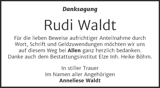 Traueranzeige von Rudi Waldt von Trauerkombi Dessau