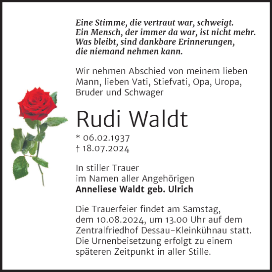 Traueranzeige von Rudi Waldt von Trauerkombi Dessau