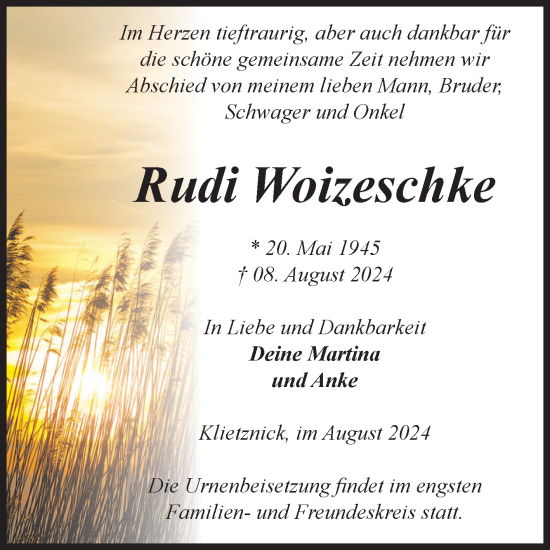 Traueranzeige von Rudi Woizeschke von Volksstimme Burg/Genthin
