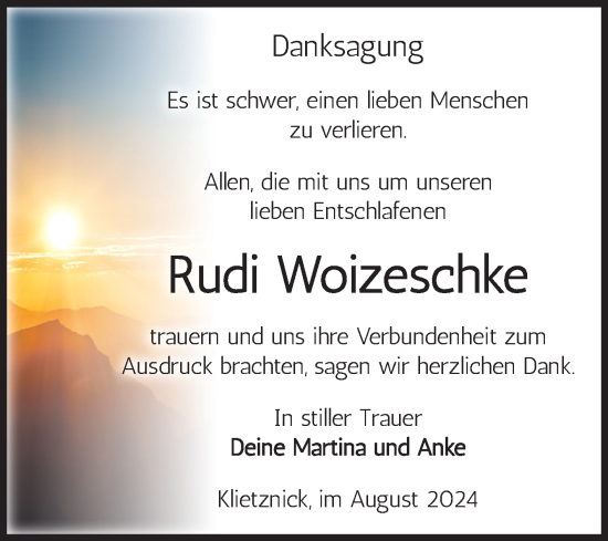 Traueranzeige von Rudi Woizeschke von Volksstimme Burg/Genthin