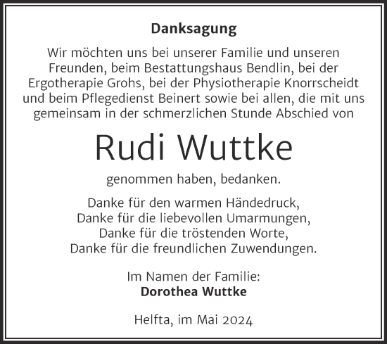 Traueranzeige von Rudi Wuttke von Trauerkombi Mansfelder Land