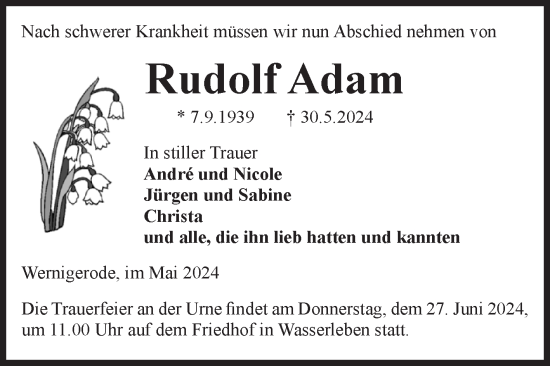 Traueranzeige von Rudolf Adam von Volksstimme Wernigerode