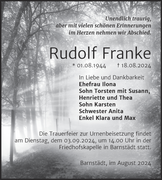 Traueranzeige von Rudolf Franke von Mitteldeutsche Zeitung Merseburg/Querfurt