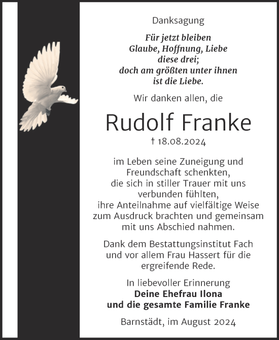 Traueranzeige von Rudolf Franke von Trauerkombi Merseburg