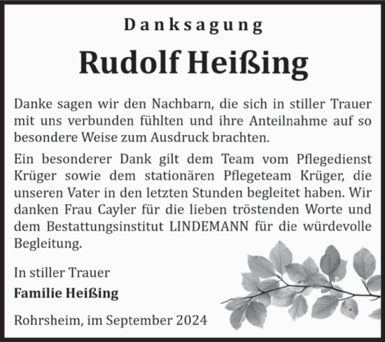 Traueranzeige von Rudolf Heißing von Volksstimme Halberstadt