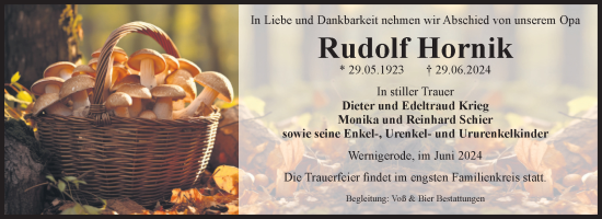 Traueranzeige von Rudolf Hornik von Volksstimme Wernigerode