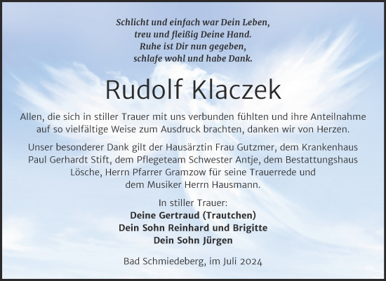 Traueranzeige von Rudolf Klaczek von Trauerkombi Wittenberg