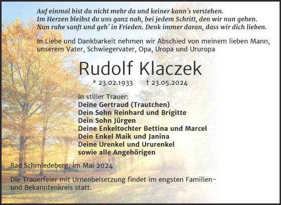 Traueranzeige von Rudolf Klaczek von Trauerkombi Wittenberg