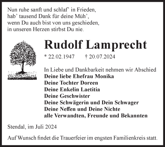 Traueranzeige von Rudolf Lamprecht von Volksstimme Altmark Ost