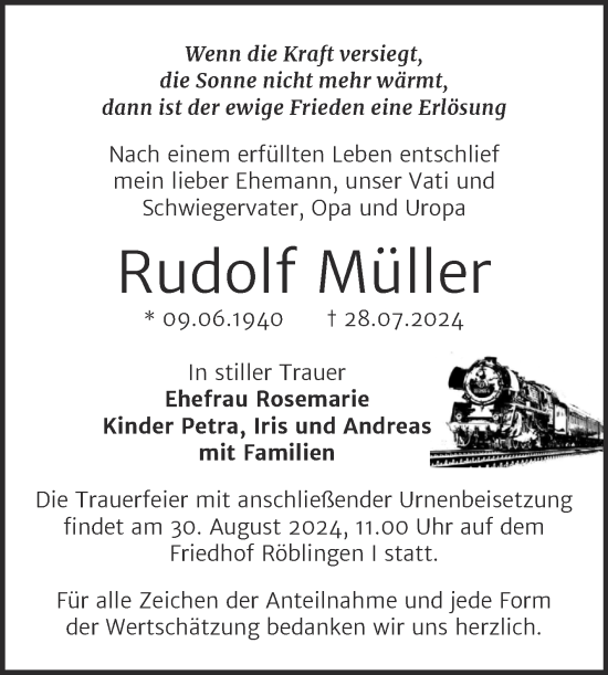 Traueranzeige von Rudolf Müller von Trauerkombi Mansfelder Land