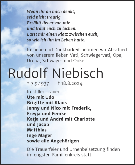 Traueranzeige von Rudolf Niebisch von Trauerkombi Köthen
