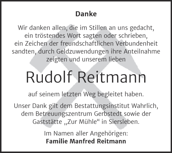 Traueranzeige von Rudolf Reitmann von Trauerkombi Mansfelder Land