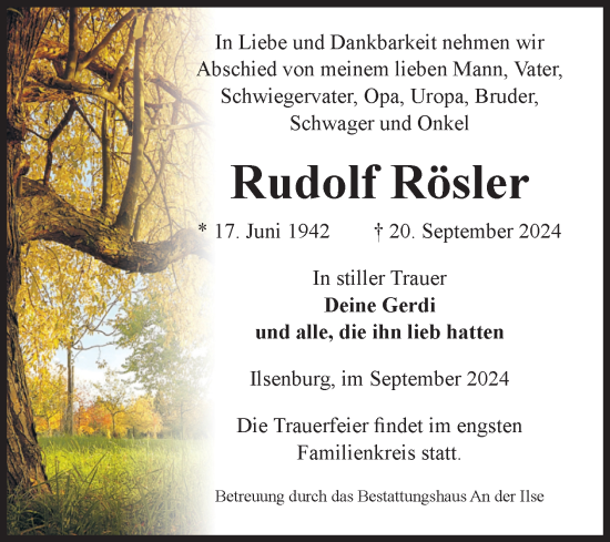 Traueranzeige von Rudolf Rösler von Volksstimme Wernigerode
