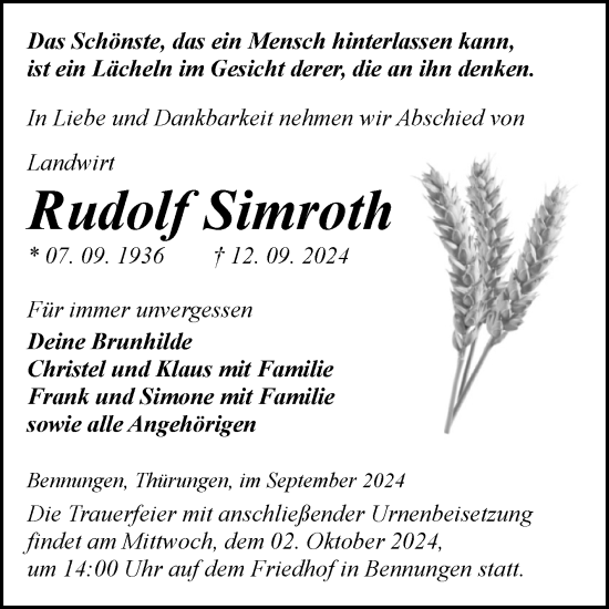 Traueranzeige von Rudolf Simroth von Trauerkombi Sangerhausen