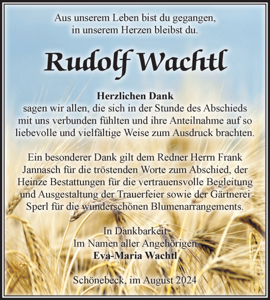 Traueranzeige von Rudolf Wachtl von Volksstimme Schönebeck