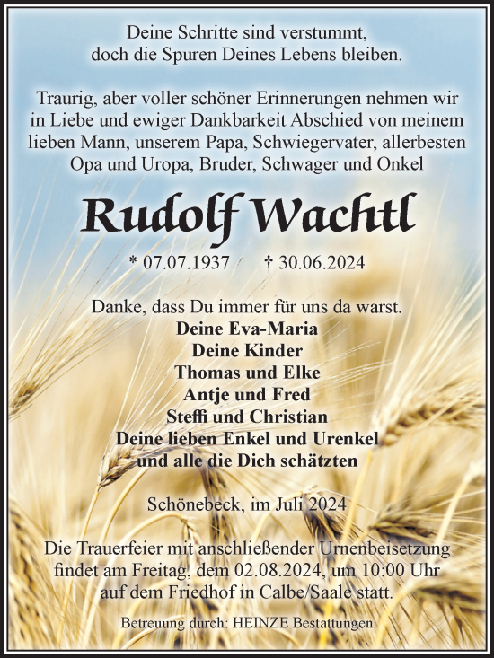 Traueranzeige von Rudolf Wachtl von Volksstimme Schönebeck
