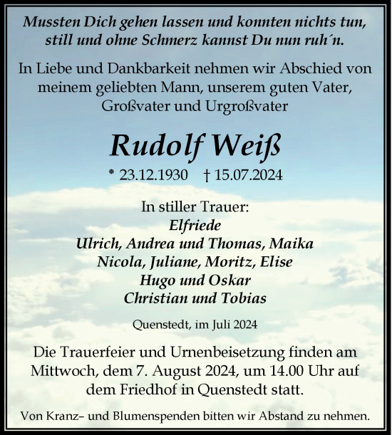 Traueranzeige von Rudolf Weiß von Trauerkombi Aschersleben