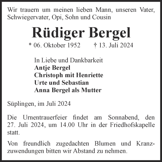 Traueranzeige von Rüdiger Bergel von Volksstimme Haldensleben/Wolmirstedt