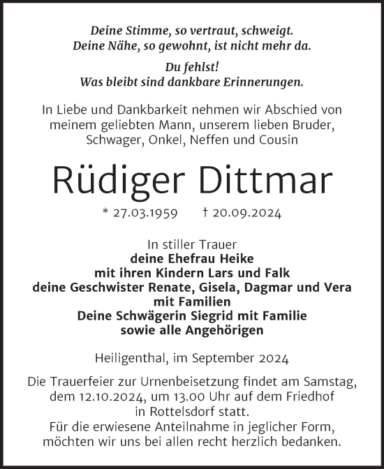 Traueranzeige von Rüdiger Dittmar von Trauerkombi Mansfelder Land