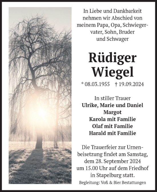 Traueranzeige von Rüdiger Wiegel von Volksstimme Wernigerode